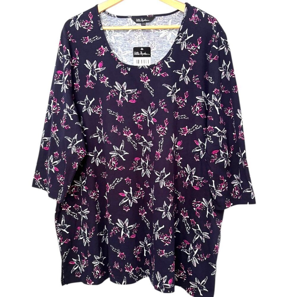 ULLA POPKEN Floral Print Top Tee NWT 3/4 Length Sleeve Cotton Size 24 / 26